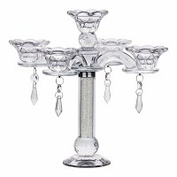 Additional picture of Crystal Candelabra 5 Branch Flower Cup Design with Crushed Crystals in Stem Accented with Hanging Medallions Round Base 9.8"