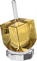 Crystal Dreidel Featuring Metal Engraved Scenes of Old City of Jerusalem with Stand