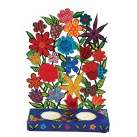 Yair Emanuel Tealight Holder Metal Laser Cut Hand Painted Flowers Design