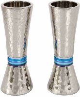 Yair Emanuel Cone Shaped Hammered Nickel Candlesticks - Blue Rings