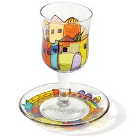 Yair Emanuel Glass Painted Kiddush Cup and Saucer - Jerusalem Vista