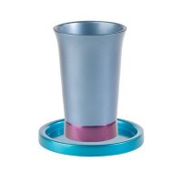 Yair Emanuel Anodized Aluminum Kiddush Cup and Saucer - Blue and Maroon