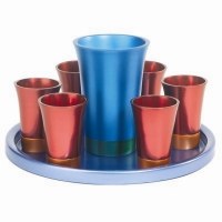 Yair Emanuel Anodized Aluminum Kiddush Set with Tray Maroon and Blue