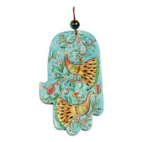 Yair Emanuel Large Wood Painted Hamsa - Peacocks