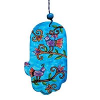 Yair Emanuel Small Wood Painted Hamsa - Blue Birds