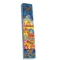 Yair Emanuel Square Wooden Mezuzah 12cm - Jerusalem Panorama