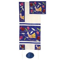 Yair Emanuel Embroidered Raw Silk Tallit Set - Birds Blue 17" x 75"