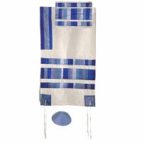 Yair Emanuel Raw Silk Appliqued Stripes Tallit Set - Blue 21" x 77"