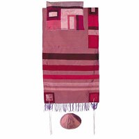 Yair Emanuel Raw Silk Tallit Set with Stripes - Maroon on Maroon 21" x 77"