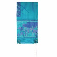 Yair Emanuel Handpainted Silk Tallit - Jerusalem Gate Turquoise 21" x 77"