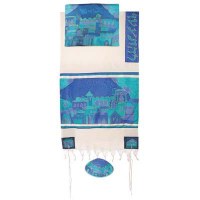 Yair Emanuel Cotton and Silk Tallit Set - Jerusalem Gate in Blue 42" x 77"