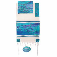 Yair Emanuel Cotton and Silk Tallit Set - Vista in Turquoise 21" x 77"