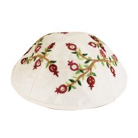 Yair Emanuel Embroidered Kippah with Pomegranates - White and Red