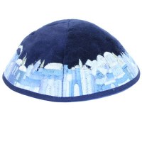 Yair Emanuel Blue Velvet Embroidered Kippah with Jerusalem in Light Blue