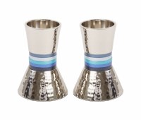 Yair Emanuel Candlesticks Hammered Metal Designed with Blue Rings 4"