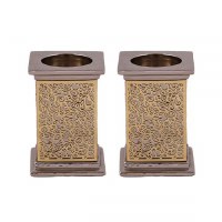 Yair Emanuel Square Candlesticks Silver Colored with Brass Exquisite Metal Cutout