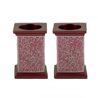 Yair Emanuel Square Candlesticks Maroon with Silver Colored Exquisite Metal Cutout