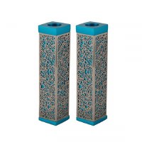 Yair Emanuel Tall Square Candlesticks Turquoise with Silver Colored Exquisite Metal Cutout