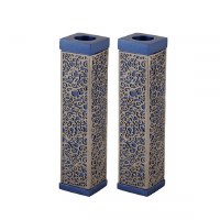 Yair Emanuel Tall Square Candlesticks Blue with Silver Colored Exquisite Metal Cutout