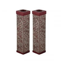 Yair Emanuel Tall Square Candlesticks Maroon with Silver Colored Exquisite Metal Cutout