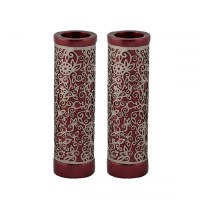 Yair Emanuel Round Candlesticks Maroon with Silver Colored Exquisite Metal Cutout