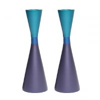 Yair Emanuel Anodized Aluminum Candlesticks Hour Glass Shape Ring Design Purple and Turquoise 7"