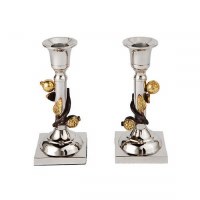 Yair Emanuel Stainless Steel Candlesticks Silver Colored with Pomegranate Branch 6"