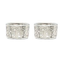 Yair Emanuel Glass Tealight Holder 2 Piece Set Metal Laser Cut Pomegranate Design Silver 2" x 1"