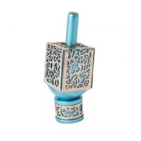 Decorative Dreidel on Base Turquoise Anodized Aluminum with Silver Metal Cutout Pomegranate Design Size Small by Yair Emanuel