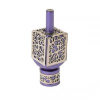 Decorative Dreidel on Base Purple Anodized Aluminum with Silver Colored Metal Cutout Floral Design Size Large by Yair Emanuel