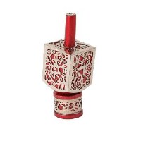 Decorative Dreidel on Base Red Anodized Aluminum with Silver Colored Metal Cutout Floral Design Size Medium by Yair Emanuel