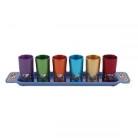 Yair Emanuel Liquor Cups and Tray Set of 6 Colorful Anodized Aluminum Adorned with Metal Cutout