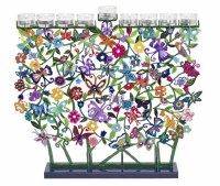 Yair Emanuel Metal Tealight Candle Menorah Hand Painted Laser Cut Design Butterflies Large Size
