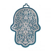 Hamsa Emanuel Anodized Aluminum Pomegranate Cutout Silver on Navy Blue
