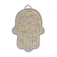 Hamsa Hand Emanuel Anodized Aluminum Jerusalem Cutout Brass on Silver