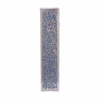 Additional picture of Yair Emanuel Mezuzah Case Wide Anodized Metal Cutout Pomegranate Design Blue 12cm