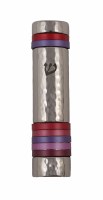 Yair Emanuel Mezuzah Case Hammered Metal Designed with Red Rings 12cm