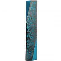 Yair Emanuel Mezuzah Case Turquoise Aluminum Geometric Design with Silver Color Pomegranate Cutout 12cm