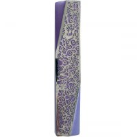 Yair Emanuel Mezuzah Case Purple Aluminum Geometric Design with Silver Color Pomegranate Cutout 12cm