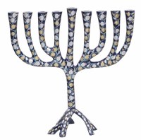 Yair Emanuel Metal Candle Menorah Pomegranate Painted Design Tripod Base Large Size Blue 10.4"