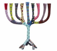Yair Emanuel Metal Candle Menorah Abstract Painted Design Tripod Base Large Size Multicolor 10.4"