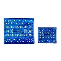 Yair Emanuel Embroidered Tallit and Tefillin Bag Set - Pomegranates Blue and Silver
