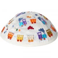 Yair Emanuel Embroidered Kids Kippah White with Colorful Trains