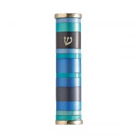 Yair Emanuel Aluminum Mezuzah Case with Multi Tone Blue Rings 10cm
