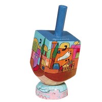 Yair Emanuel Small Painted Dreidel With Stand - Jerusalem Panorama Design