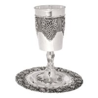 Kos Shel Eliyahu with Matching Saucer Nickel Clustered Grape Design 17 oz