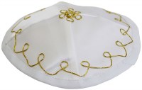 Satin Bris Kippah with Strings White and Gold