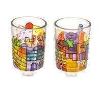 Yair Emanuel Multicolored Jerusalem Painted Glass Candle Holder Pair