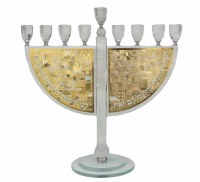 Crystal Candle Menorah Round Base Gold Plate Jerusalem Design 20"
