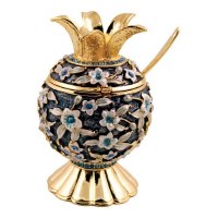 Honey Dish Pomegranate Shape Black Base Jeweled with Turquoise Crystals